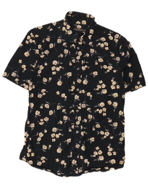 Camisa masculina de manga curta French Connection pequena preta floral havaiana