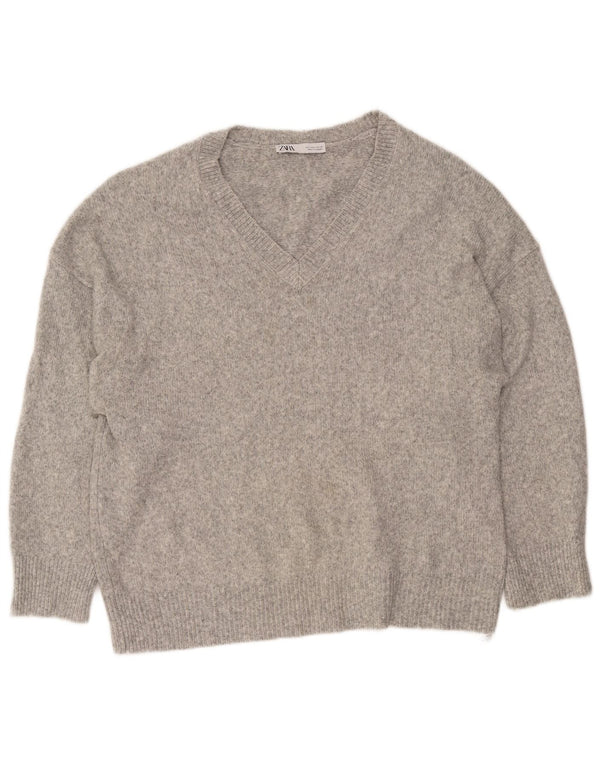 Suéter feminino Zara com decote em V Reino Unido 16 grande acrílico manchado cinza