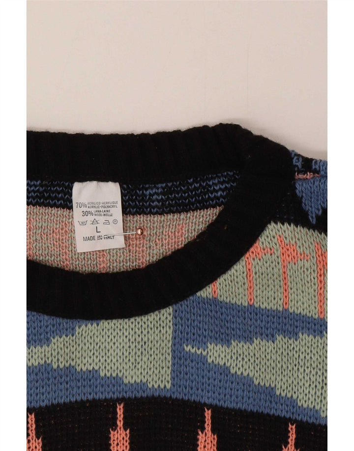 Suéter vintage masculino com gola redonda, grande acrílico geométrico multicolorido
