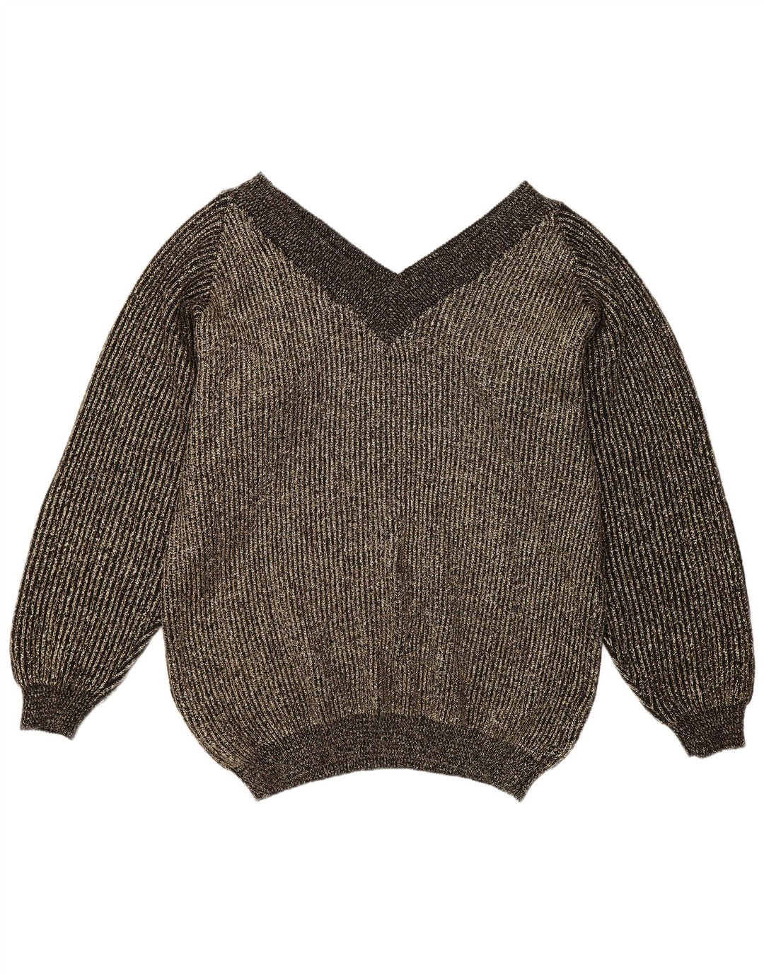 Suéter feminino vintage grande com decote em V UE 40 médio dourado salpicado