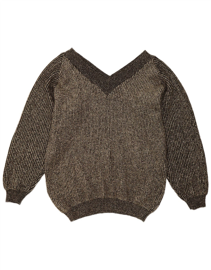 Suéter feminino vintage grande com decote em V UE 40 médio dourado salpicado