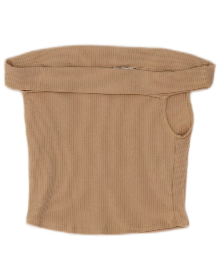 Zara Womens Crop Off Ombro Top Reino Unido 8 Pequeno Algodão Bege