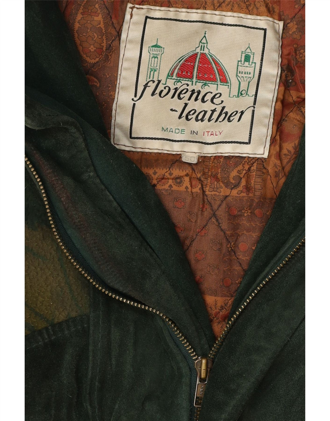 Jaqueta bomber de camurça masculina vintage com padrão abstrato IT 50 couro verde grande