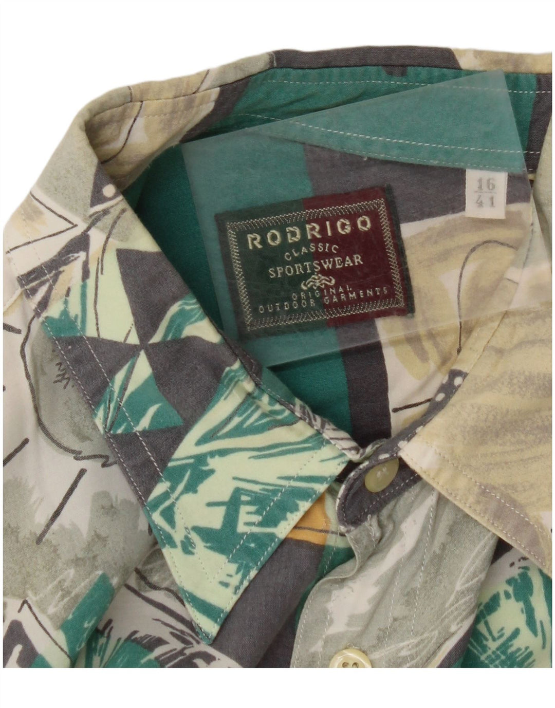 RODRIGO Camisa masculina de manga curta tamanho 16 41 grande multicolorida geométrica