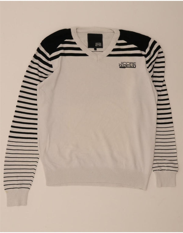 Jack & Jones Mens V-Neck Jumper Sweater Large White Colourblock