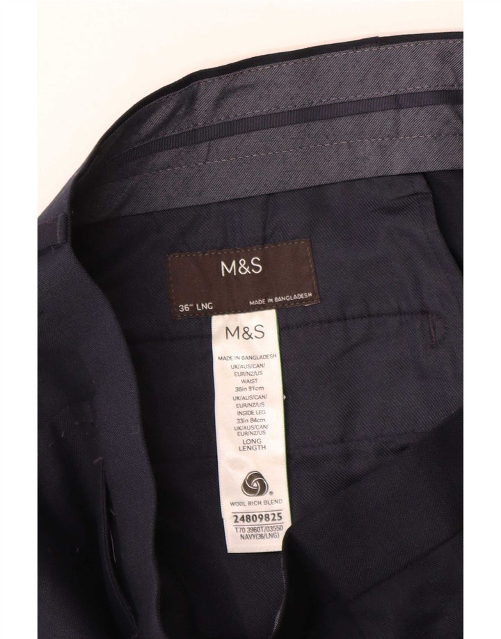 Calça chino reta masculina Marks & Spencer W36 L31 azul marinho lã