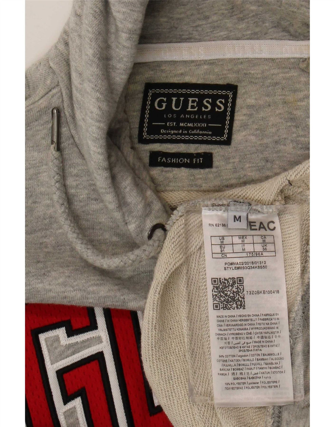 Suéter com capuz gráfico Guess masculino algodão cinza médio