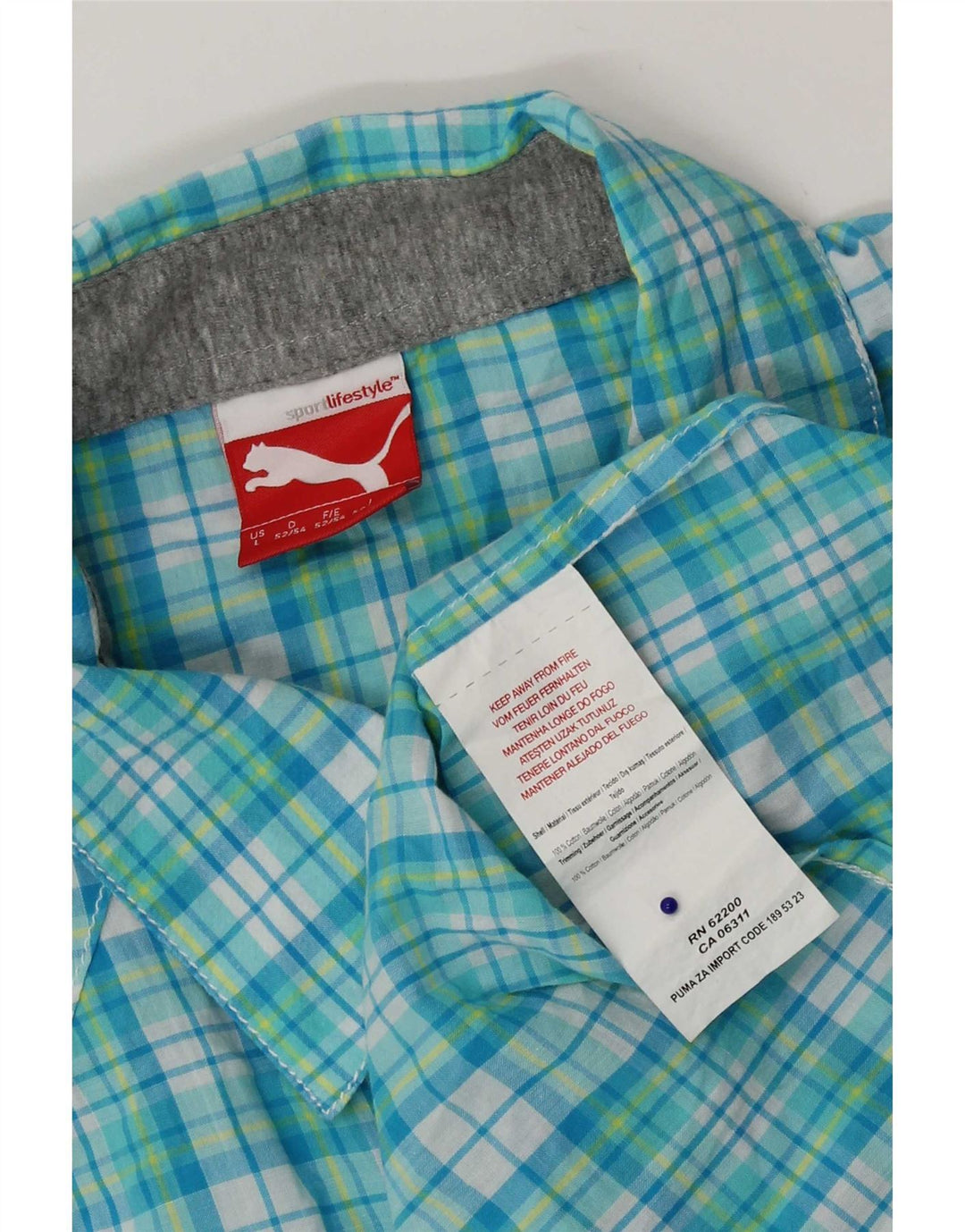 Camisa masculina Puma de manga curta grande algodão xadrez azul