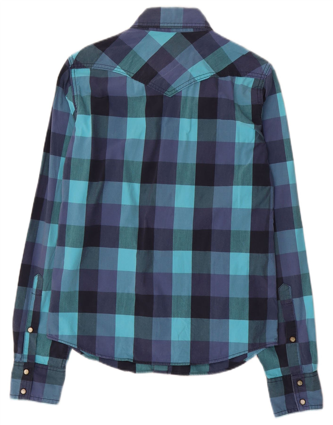 Camisa masculina ocidental Hollister de algodão guingão azul pequeno