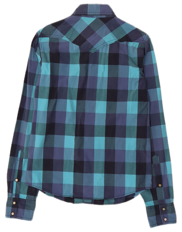 Camisa masculina ocidental Hollister de algodão guingão azul pequeno