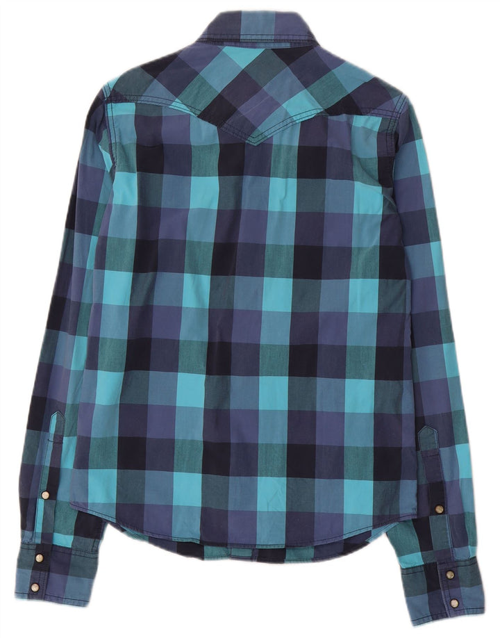 Camisa masculina ocidental Hollister de algodão guingão azul pequeno