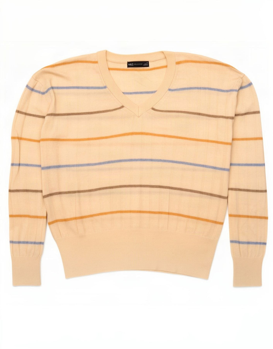 Suéter feminino Marks & Spencer com decote em V UK 14 listrado branco médio