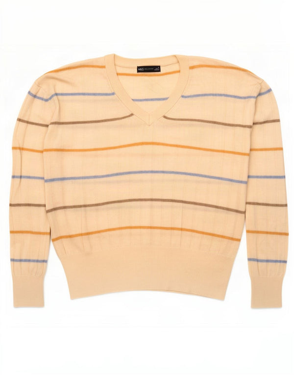Suéter feminino Marks & Spencer com decote em V UK 14 listrado branco médio