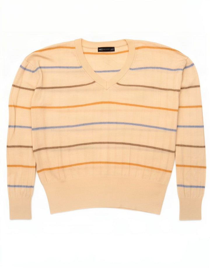 Suéter feminino Marks & Spencer com decote em V UK 14 listrado branco médio