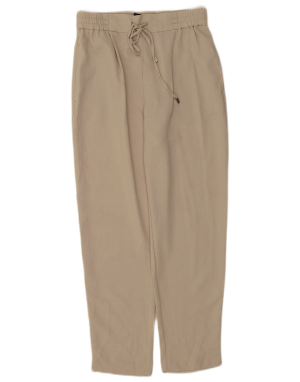 Calça feminina Zara cintura alta cônica cortada XS W24 L25 poliéster bege