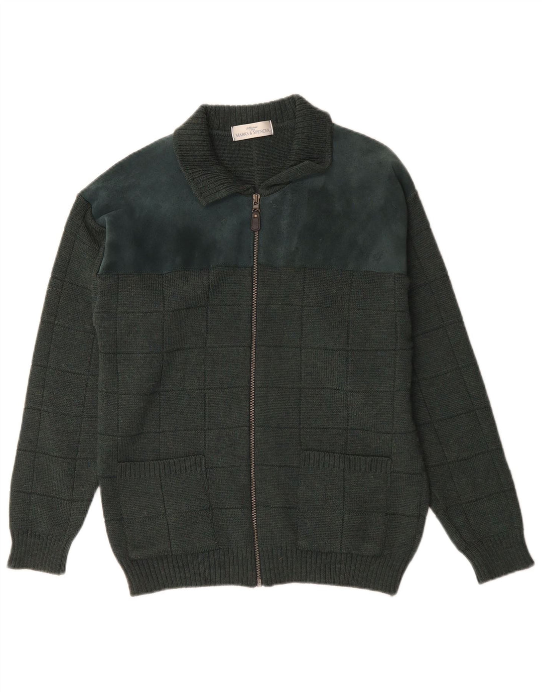 Suéter cardigã masculino St. Michael da Marks & Spencer, lã xadrez verde pequena