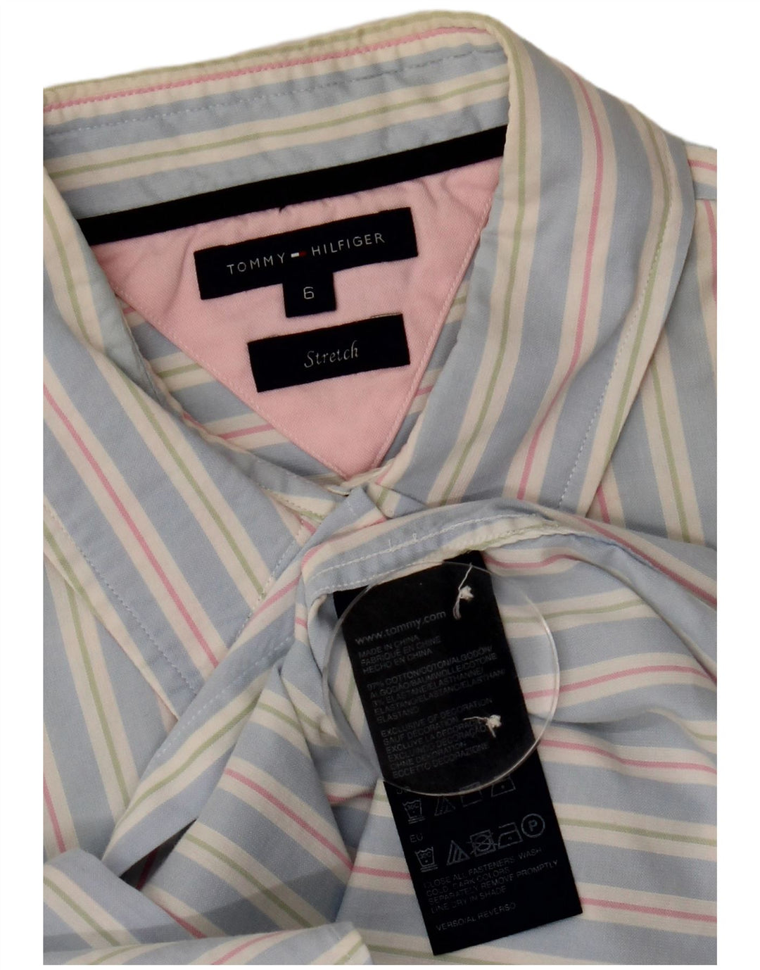 Camisa feminina de manga curta TOMMY HILFIGER EUA 6 algodão listrado azul médio