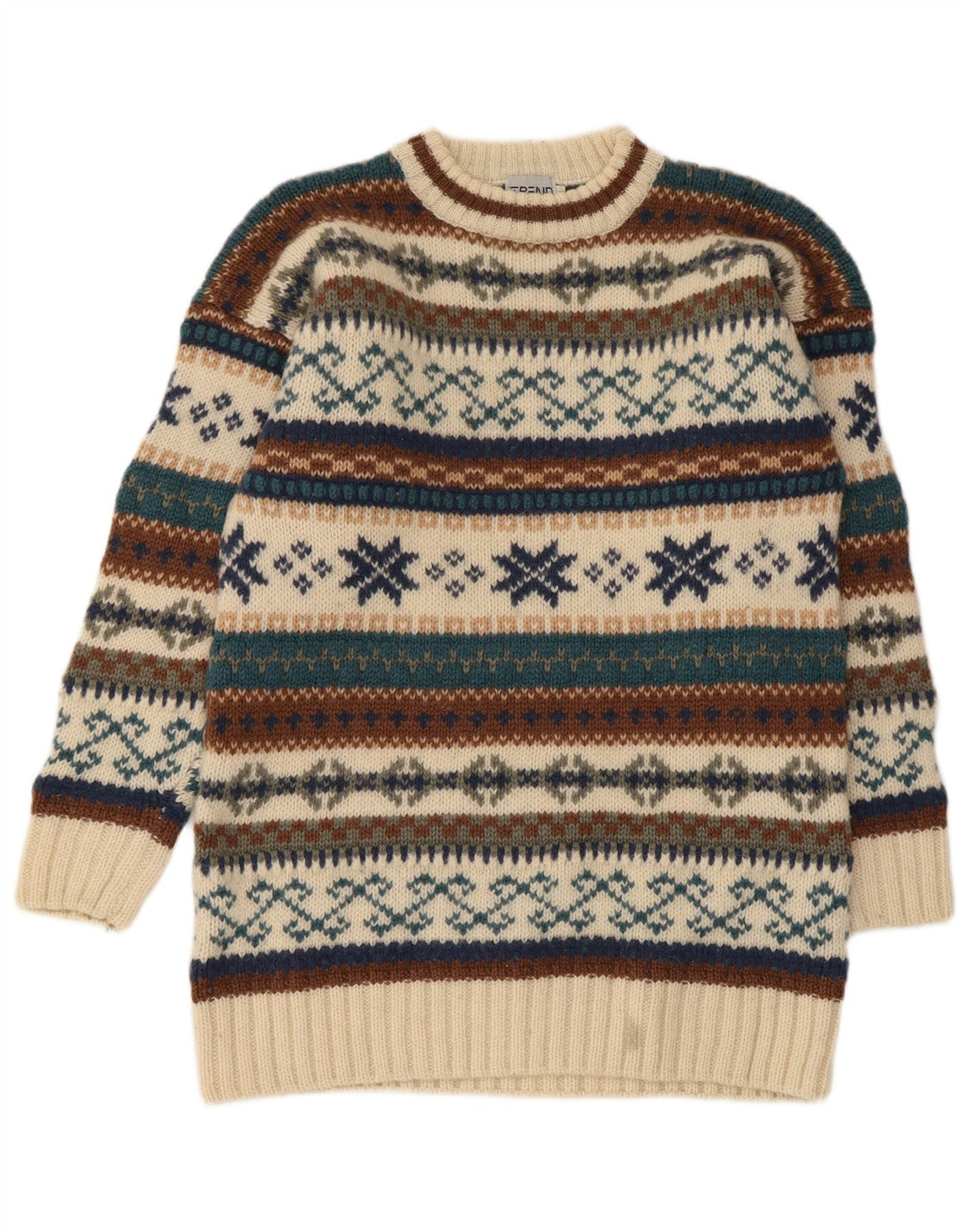 Suéter masculino vintage com gola redonda, médio bege, lã Fair Isle