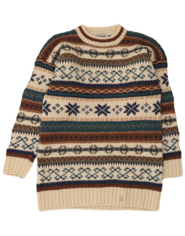 Suéter masculino vintage com gola redonda, médio bege, lã Fair Isle