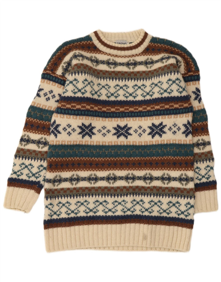 Suéter masculino vintage com gola redonda, médio bege, lã Fair Isle