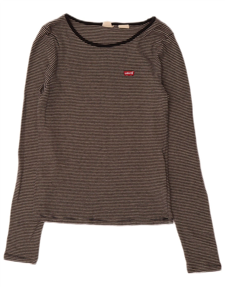 Top feminino Levi's manga comprida UK 12 algodão listrado cinza médio