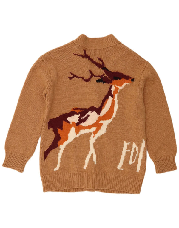 Suéter cardigã feminino vintage com estampa animal UK 6 XS marrom