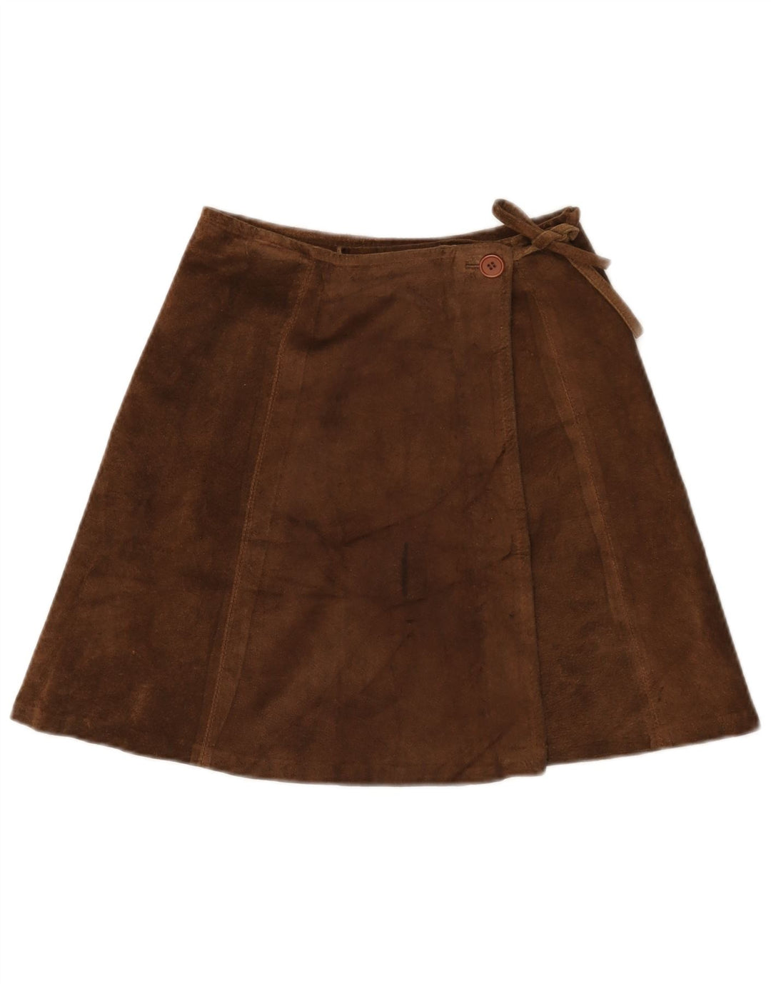 Mini saia envoltória de camurça feminina vintage IT 42 médio W26 couro marrom