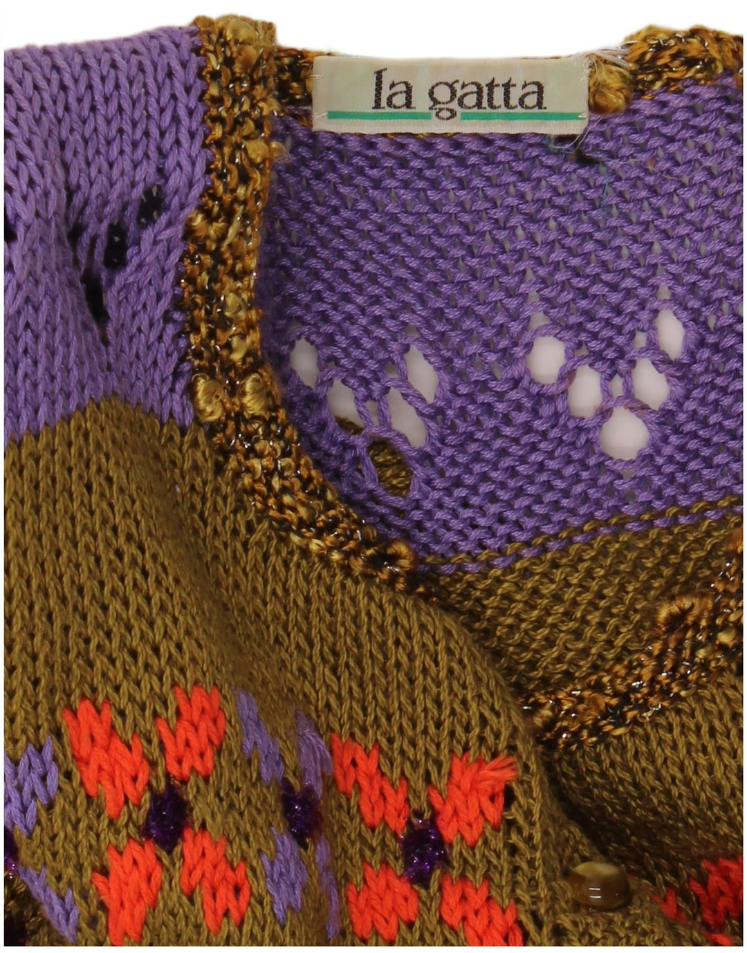 Suéter cardigã feminino vintage de manga curta Reino Unido 14 bloco colorido cáqui médio