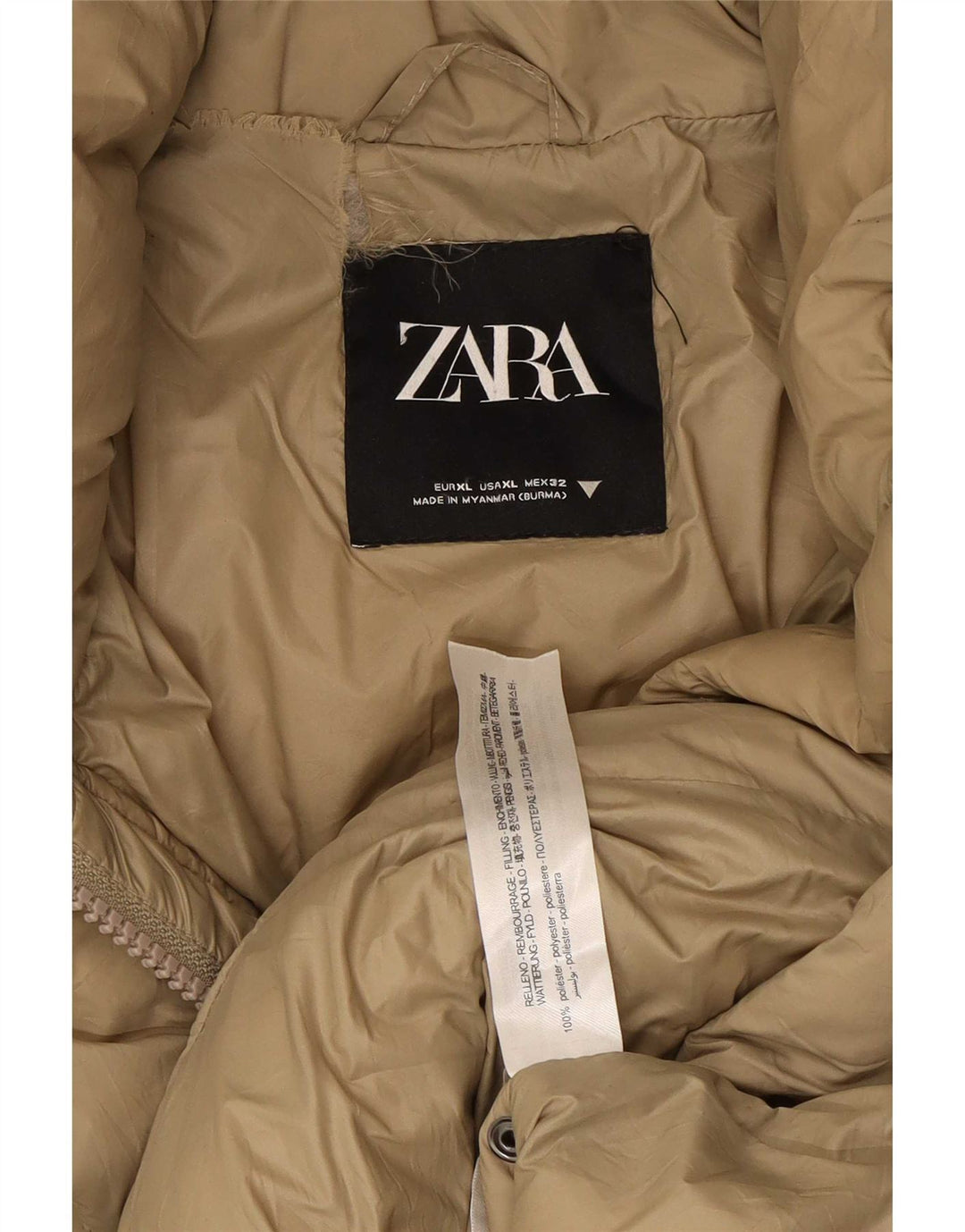 Casaco acolchoado com capuz grande Zara feminino UK 18 XL bege poliéster