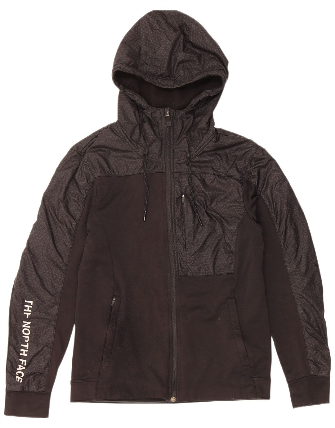 Suéter masculino The North Face com capuz e zíper gráfico pequeno preto geométrico