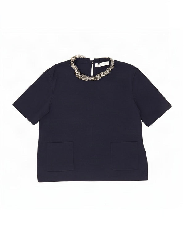 Blusa feminina Zara Top UK 12 Viscose Azul Marinho Médio