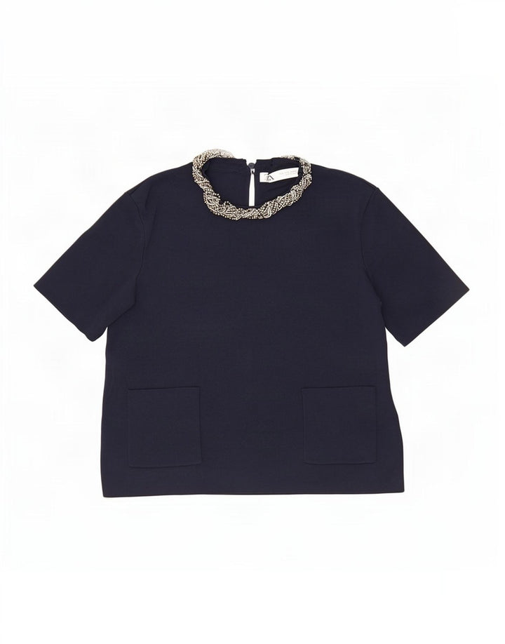 Blusa feminina Zara Top UK 12 Viscose Azul Marinho Médio
