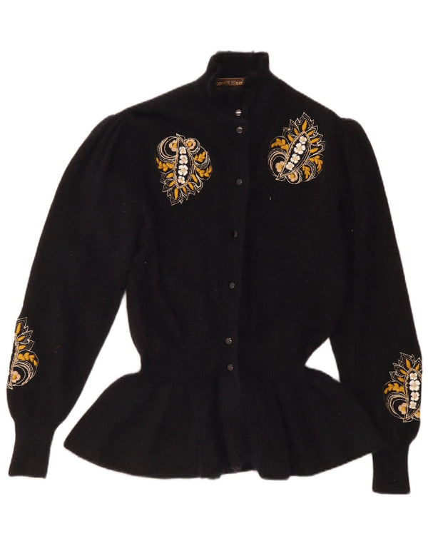 Suéter cardigã feminino vintage Reino Unido 12 médio preto floral