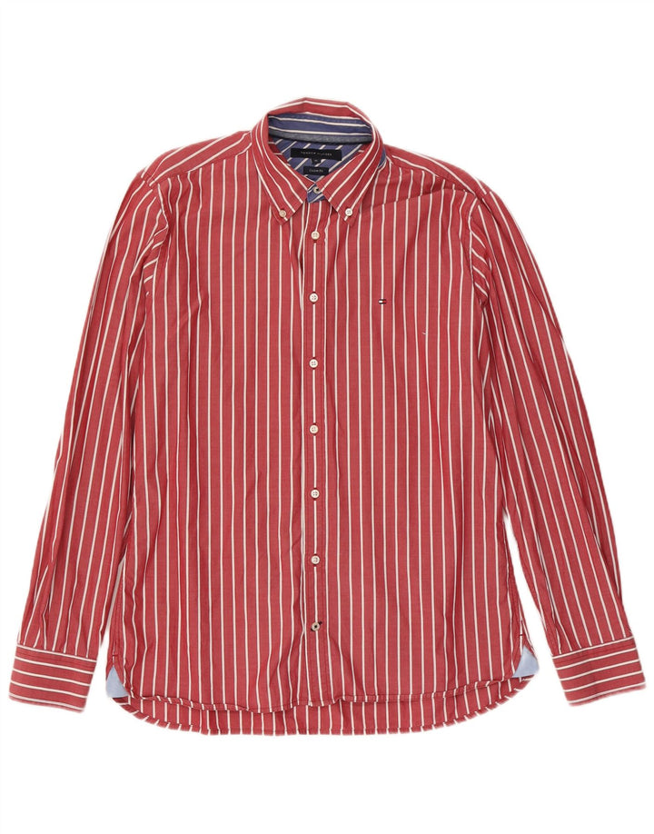 Camisa masculina Tommy Hilfiger Custom Fit de algodão listrado vermelho médio