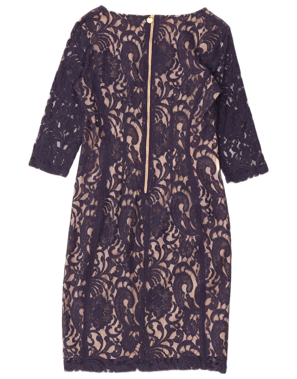 Vestido vintage feminino manga 3/4 com bainha de renda Reino Unido 14 grande azul marinho Paisley