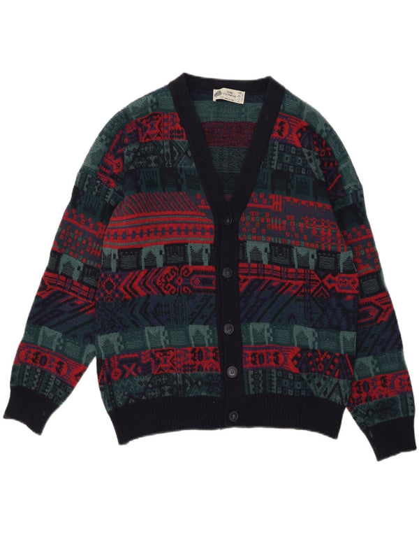 Suéter cardigã masculino vintage IT 52 grande lã geométrica multicolorida