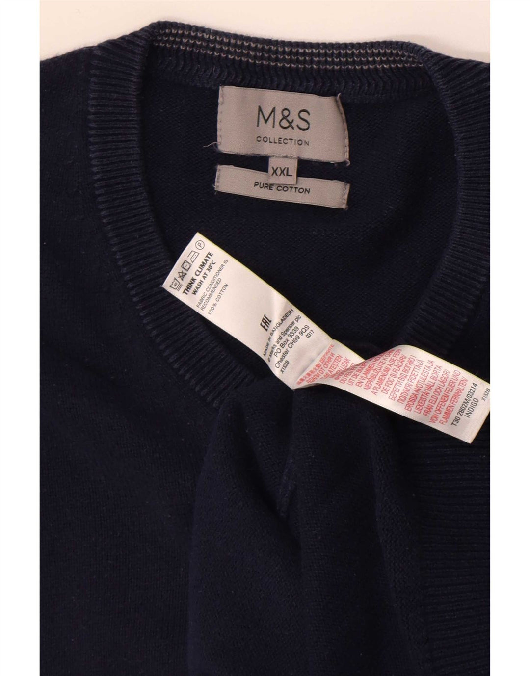 Suéter masculino Marks & Spencer com decote em V 2XL algodão azul marinho