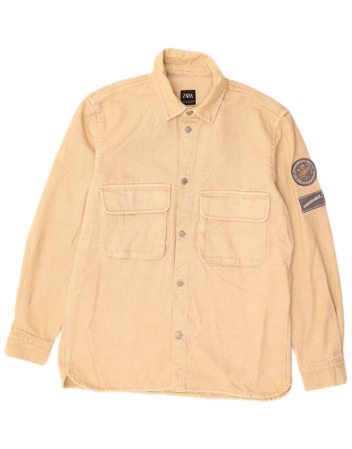 Camisa jeans masculina Zara com ajuste relaxado de algodão bege médio