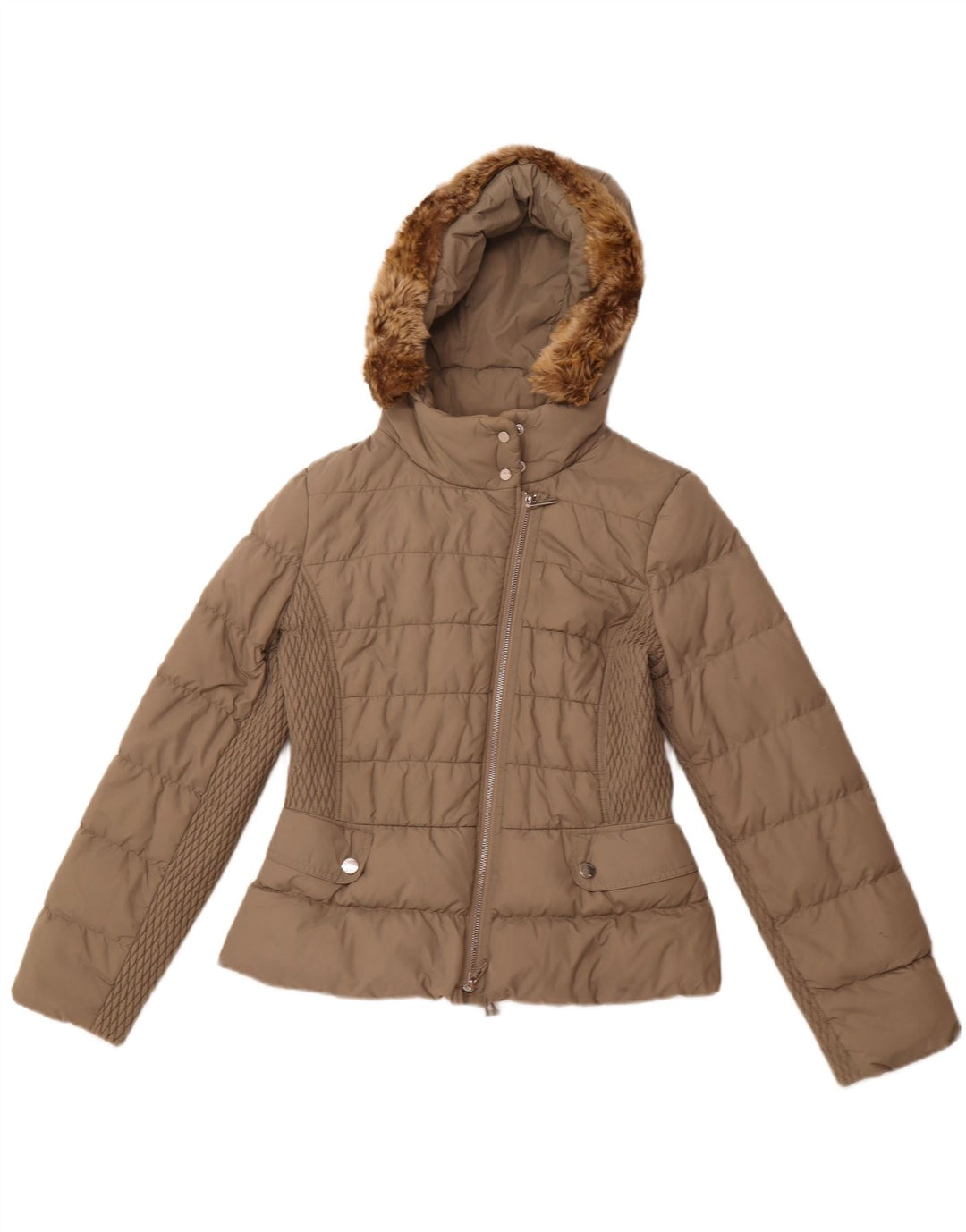 Jaqueta feminina acolchoada com capuz KAREN MILLEN UK 12 poliamida bege médio