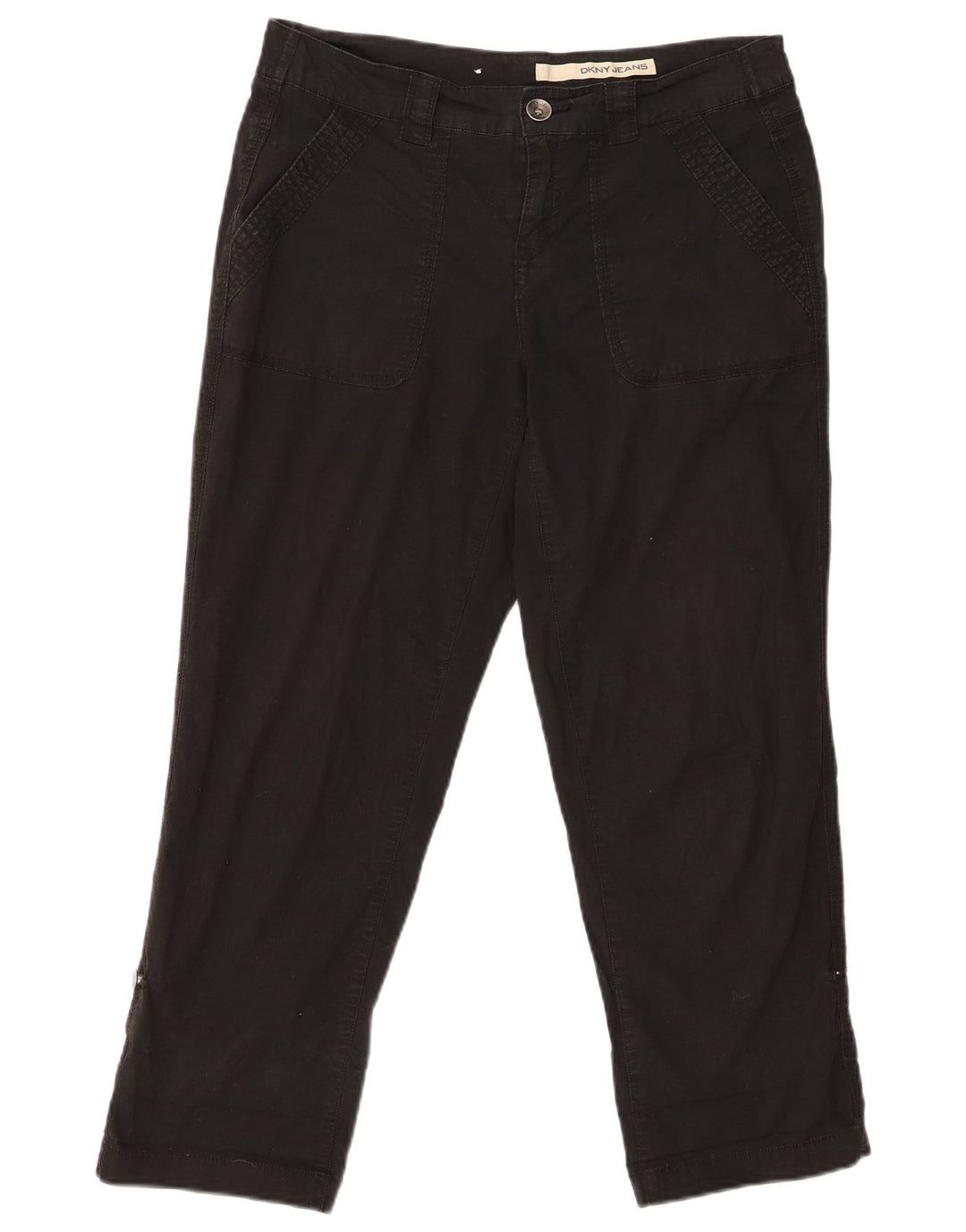 Calça feminina reta cortada DKNY EUA 8 médio W30 L25 algodão preto