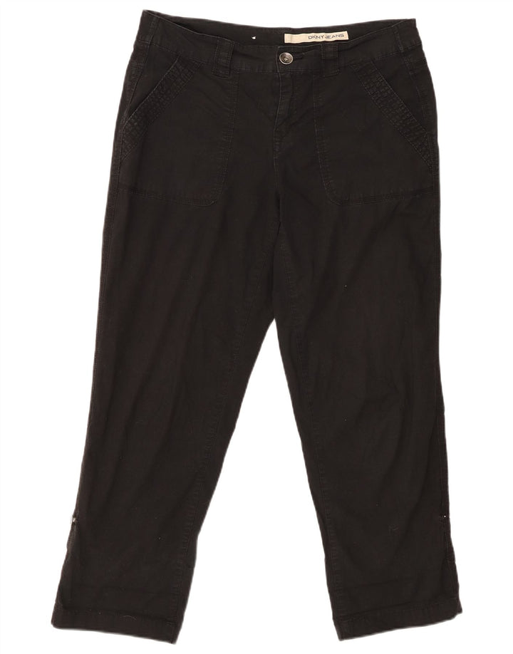 Calça feminina reta cortada DKNY EUA 8 médio W30 L25 algodão preto