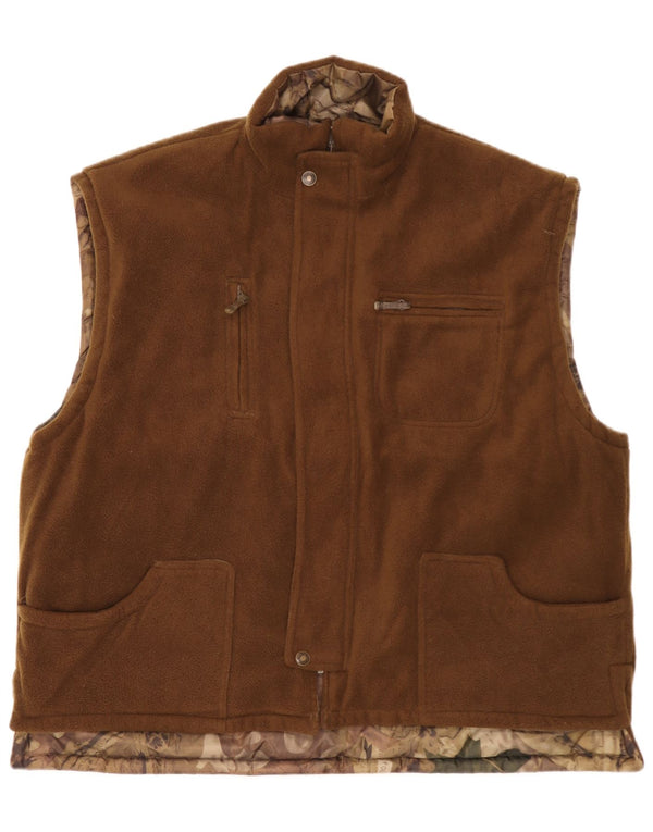 Vintage masculino reversível velo Gilet UK 46 3XL poliéster camuflado marrom