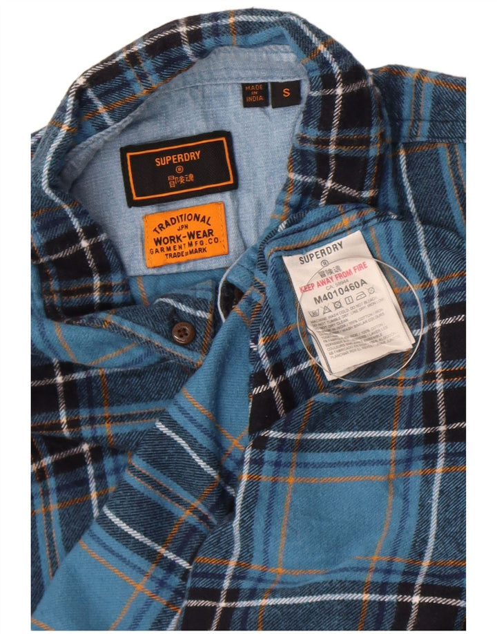 Camisa masculina de flanela Superdry pequena azul xadrez algodão