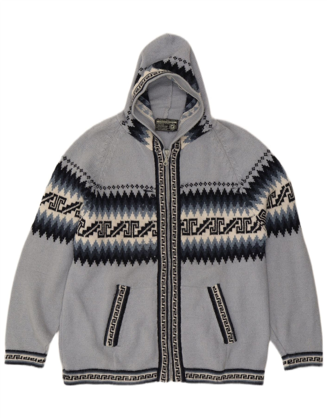 Suéter cardigã feminino com capuz UK 16 grande azul geométrico