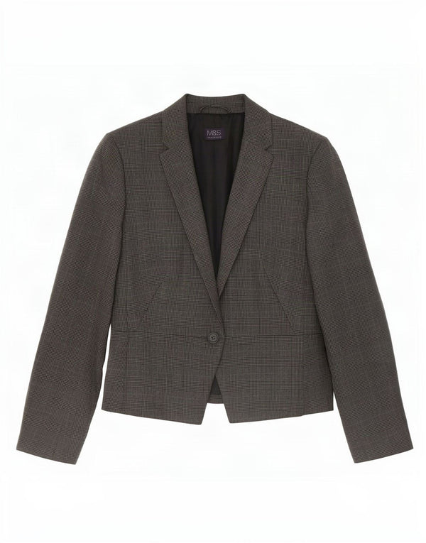 Marks & Spencer Womens 1 Button Blazer Jacket UK 12 Medium Grey Houndstooth