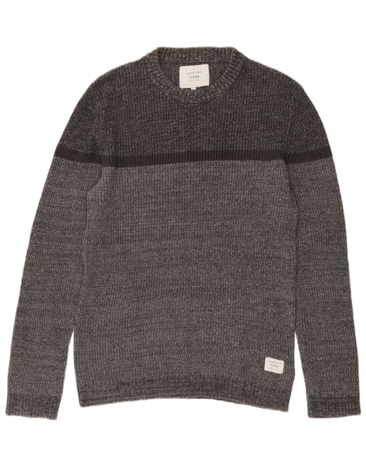 JACK & JONES Suéter masculino com gola redonda e bloco colorido cinza médio