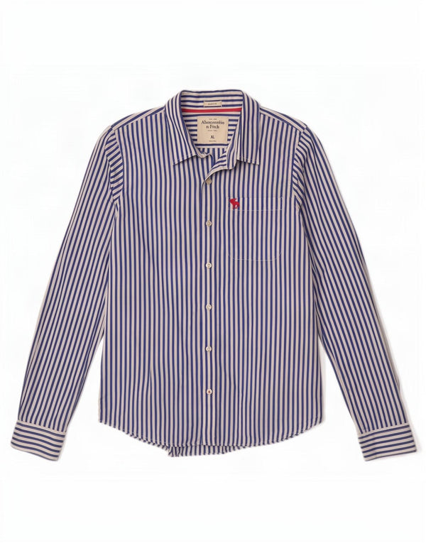 Camisa muscular masculina Abercrombie & Fitch XL azul risca de giz algodão