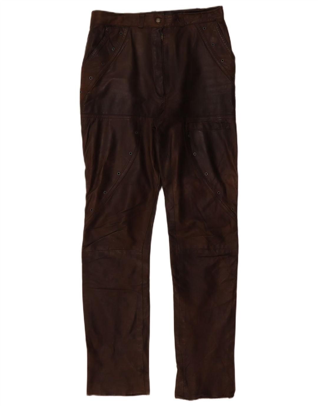 Calça feminina de couro reta VINTAGE UE 36 pequena W28 L30 couro marrom