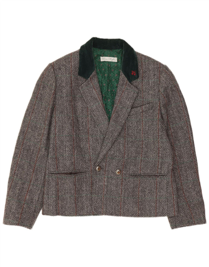 Jaqueta blazer feminina vintage com peito duplo Reino Unido 14 espinha de peixe cinza médio