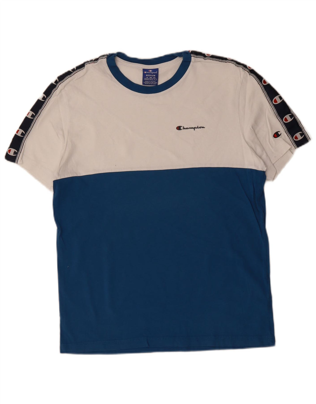 Camiseta masculina com estampa gráfica Champion, algodão colorblock azul médio